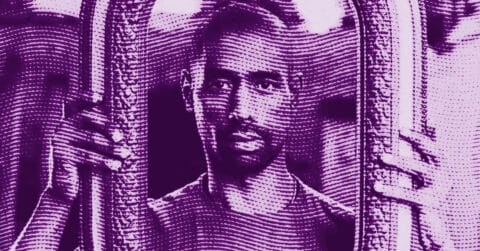A stylized, purple-tinted image of Antonio Obá holding a large, ornate frame, with his face visible inside the frame and textured, dot-like shading throughout the image. © Illustration by Art Critic.