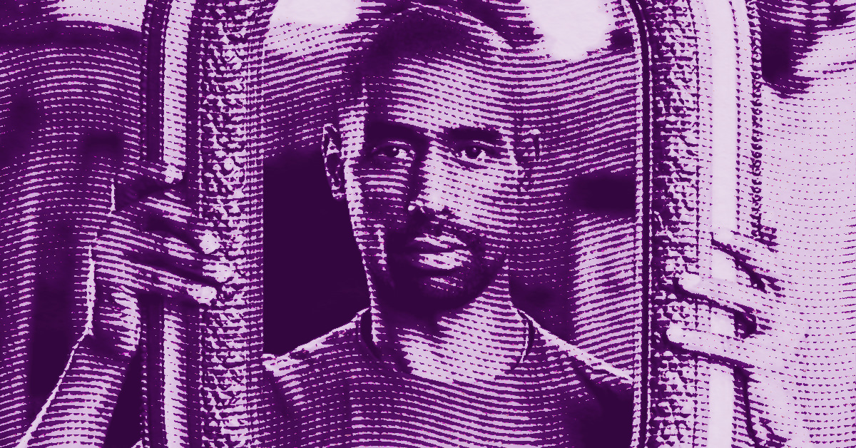 A stylized, purple-tinted image of Antonio Obá holding a large, ornate frame, with his face visible inside the frame and textured, dot-like shading throughout the image. © Illustration by Art Critic.