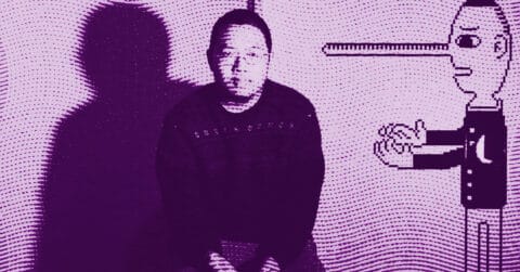 Yan Cong sits with hands clasped in front of a wall, his shadow visible behind him. On the wall is a cartoon figure with an exaggeratedly long nose, referencing Pinocchio. The image has a purple filter. © Illustration by Art Critic.