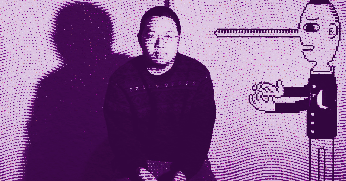 Yan Cong sits with hands clasped in front of a wall, his shadow visible behind him. On the wall is a cartoon figure with an exaggeratedly long nose, referencing Pinocchio. The image has a purple filter. © Illustration by Art Critic.