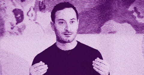 A stylized image of Matthew Lutz-Kinoy with facial hair, holding his hands up, illustrated in purple halftone dots. The background features abstract, wavy patterns and faded faces. © Illustration by Art Critic.