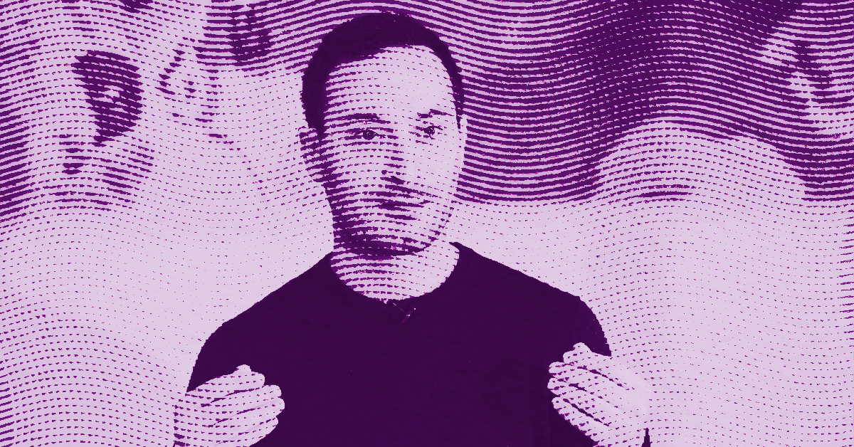 A stylized image of Matthew Lutz-Kinoy with facial hair, holding his hands up, illustrated in purple halftone dots. The background features abstract, wavy patterns and faded faces. © Illustration by Art Critic.