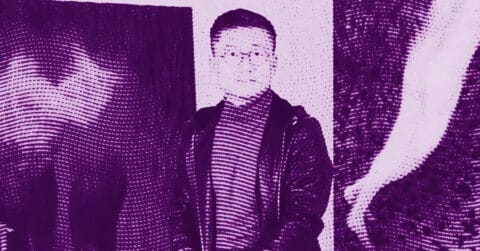 Xie Lei wearing glasses and a jacket stands in front of abstract artwork. The image has a purple halftone effect, creating a textured, wavy appearance across the scene. © Illustration by Art Critic.