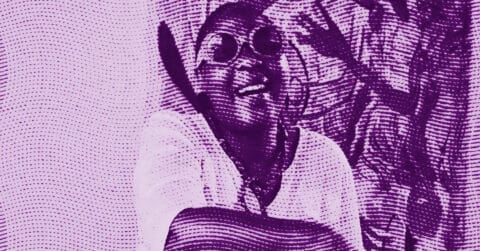 A stylized, purple-toned image of Pélagie Gbaguidi wearing round sunglasses and looking up, with a wavy, dotted pattern overlay. The background features abstract shapes that resemble tree trunks or branches. © Illustration by Art Critic.