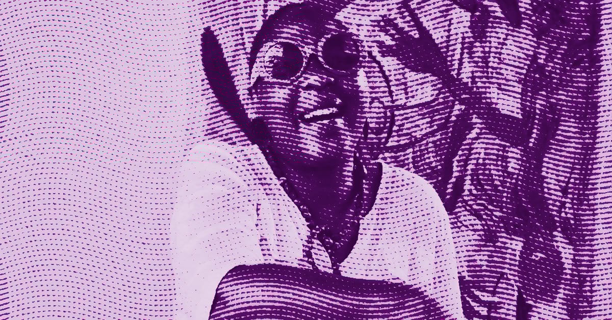 A stylized, purple-toned image of Pélagie Gbaguidi wearing round sunglasses and looking up, with a wavy, dotted pattern overlay. The background features abstract shapes that resemble tree trunks or branches. © Illustration by Art Critic.