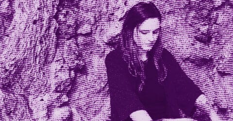 Bianca Bondi with long hair sits with her head slightly bowed, appearing thoughtful. The image is heavily stylized in purple tones, with a textured, wavy pattern overlaying the entire scene. © Illustration by Art Critic.