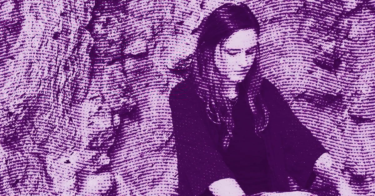 Bianca Bondi with long hair sits with her head slightly bowed, appearing thoughtful. The image is heavily stylized in purple tones, with a textured, wavy pattern overlaying the entire scene. © Illustration by Art Critic.