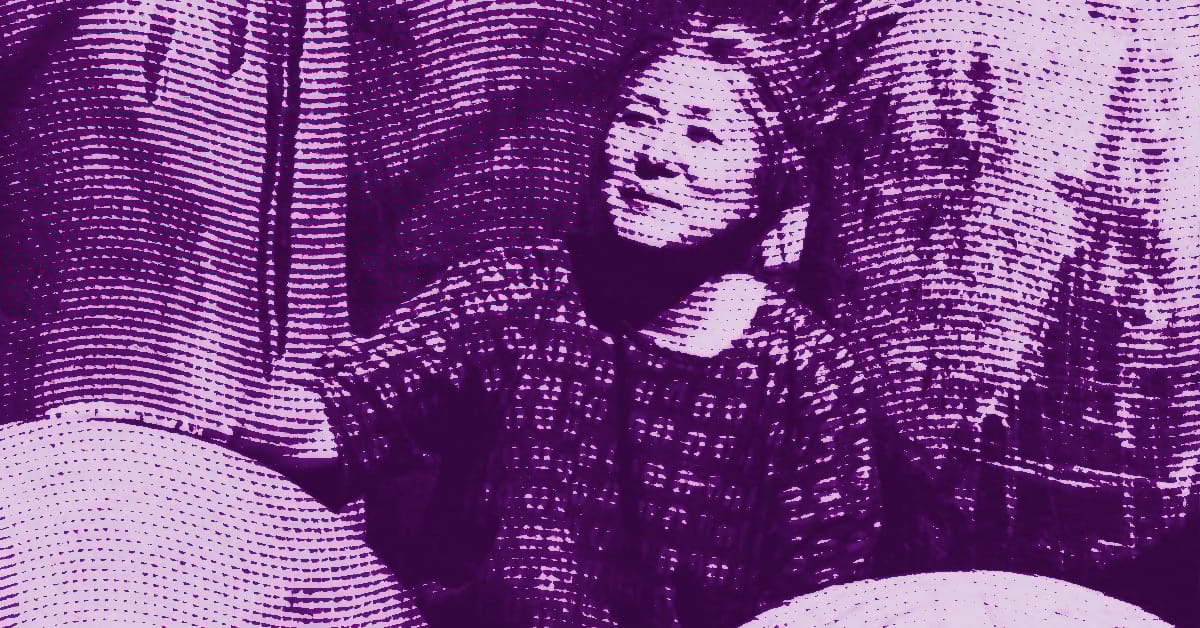 A halftone-style image in purple tones shows Toshiko Takaezu with shoulder-length hair, sitting and gazing upward with a neutral expression, surrounded by abstract circular shapes. © Illustration by Art Critic.