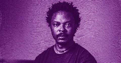 A stylized portrait of Sammy Baloji with short curly hair, shown in purple tones, with wavy horizontal lines forming the background and textured lines over his face and clothing. © Illustration by Art Critic.