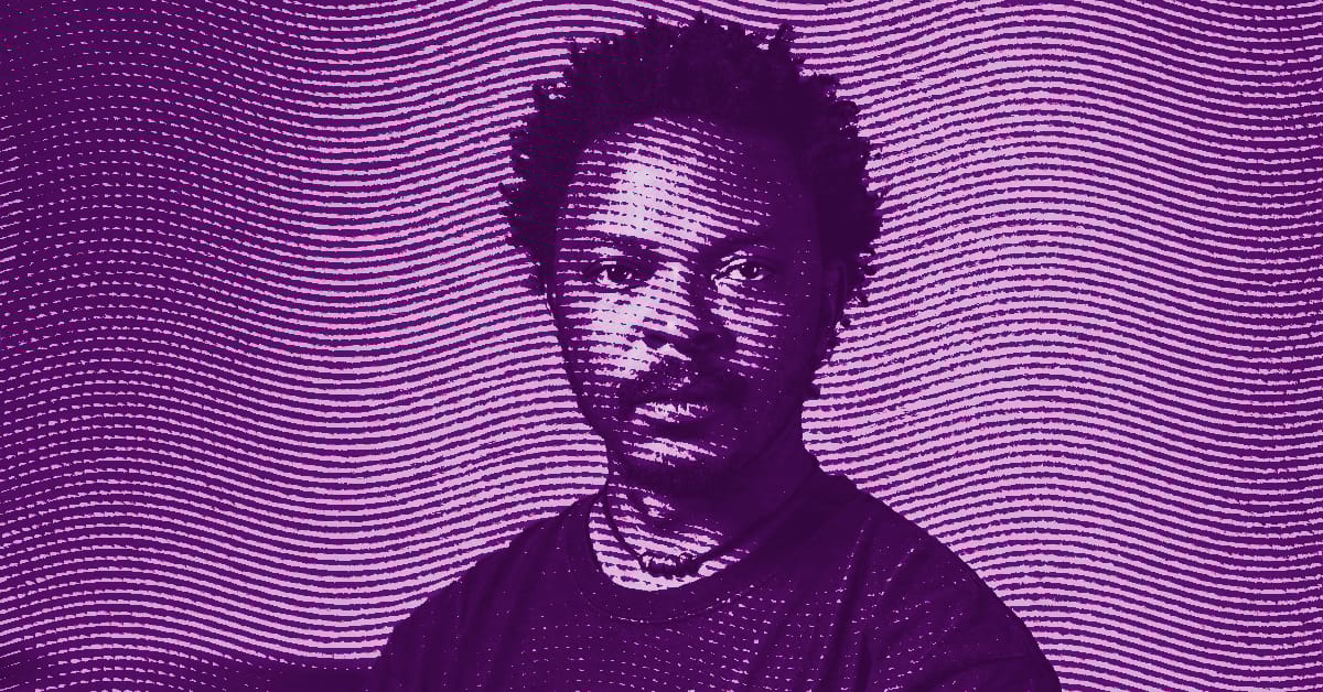 A stylized portrait of Sammy Baloji with short curly hair, shown in purple tones, with wavy horizontal lines forming the background and textured lines over his face and clothing. © Illustration by Art Critic.