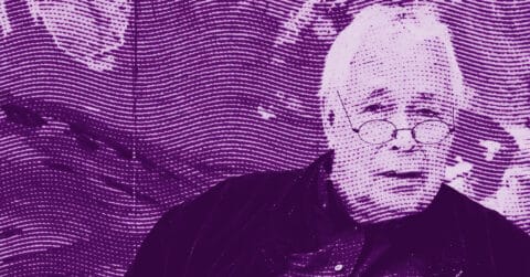 Howard Hodgkin with white hair and round glasses looks at the camera. The image has a purple filter and is overlaid with wavy, dotted lines, giving it a textured, graphic effect. © Illustration by Art Critic.