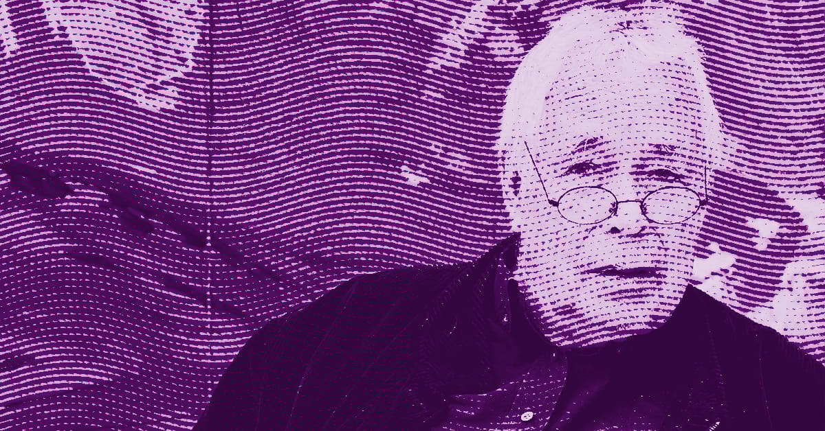 Howard Hodgkin with white hair and round glasses looks at the camera. The image has a purple filter and is overlaid with wavy, dotted lines, giving it a textured, graphic effect. © Illustration by Art Critic.