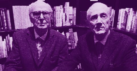 Gilbert & George in suits sit side by side in front of bookshelves, looking at the camera. The image has a purple and halftone effect, creating a stylized, high-contrast appearance. © Illustration by Art Critic.