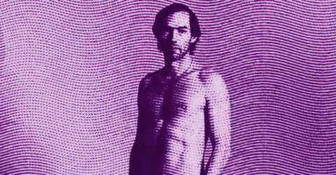 Peter Hujar stands in front of a wavy, purple pattern background with a halftone dot effect, giving the image a stylized, graphic look. © Illustration by Art Critic.