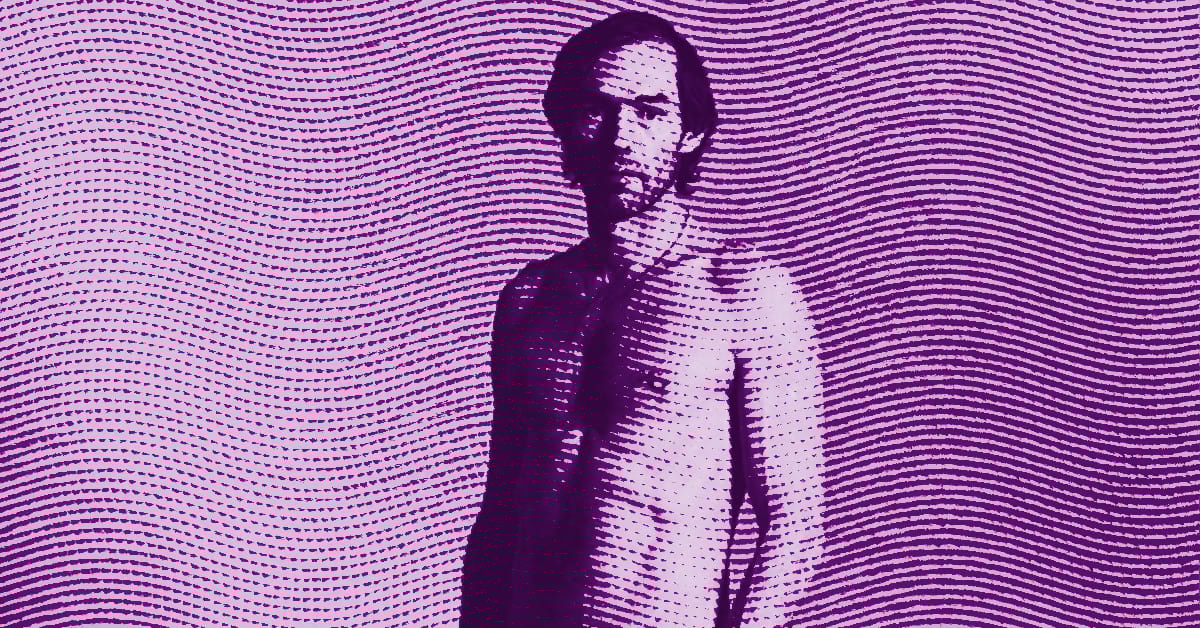 Peter Hujar stands in front of a wavy, purple pattern background with a halftone dot effect, giving the image a stylized, graphic look. © Illustration by Art Critic.
