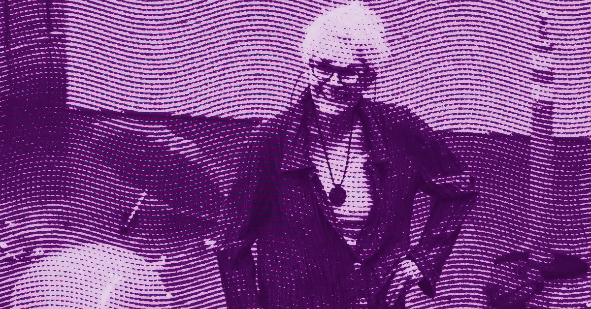 A stylized, purple-toned image of Alison Knowles standing with one hand on their hip, wearing a jacket and necklace, with wavy lines and dotted patterns overlaying the scene. © Illustration by Art Critic.